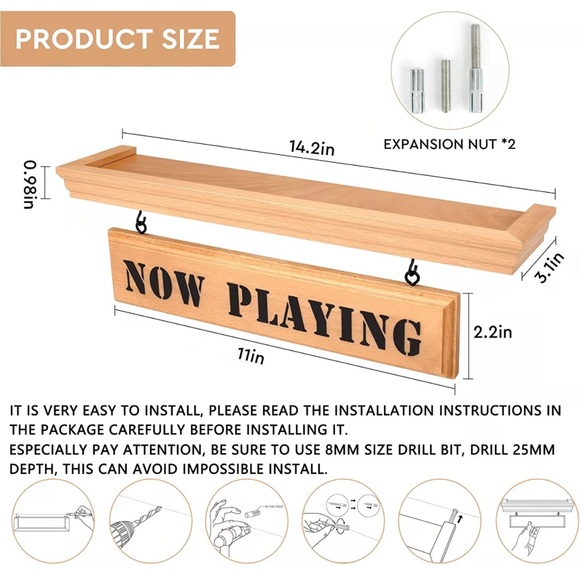 “Now Playing” Premium Beech Wood Vinyl Record Wall Mount Display Shelf (NWB) - Picture 6 of 7